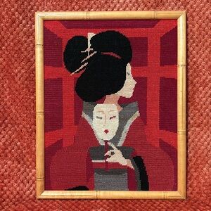 Vintage Asian Lady with Mask Framed Needlepoint